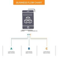 box. 3d. cube. smartphone. product Business Flow Chart Design with 3 Steps. Glyph Icon For Presentation Background Template Place for text. vector