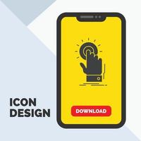 tocar. hacer clic. mano. en. icono de inicio de glifo en el móvil para la página de descarga. fondo amarillo vector