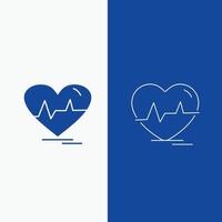 electrocardiograma corazón. latido del corazón. legumbres. línea de ritmo y botón web de glifo en banner vertical de color azul para ui y ux. sitio web o aplicación móvil vector