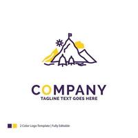 Company Name Logo Design For achievement. flag. mission. mountain. success. Purple and yellow Brand Name Design with place for Tagline. Creative Logo template for Small and Large Business. vector