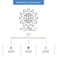 internacional. negocio. globo. en todo el mundo. diseño de diagrama de flujo de negocios de engranajes con 3 pasos. icono de línea para el lugar de plantilla de fondo de presentación para texto vector