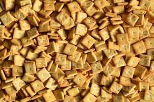 Background texture of small edible squares baked from dough and sprinkled with salt. A lot of salt cracker photo