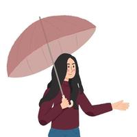 Young woman,girl with an umbrella. . Woman in burgundy sweater under an pink umbrella. vector