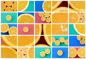 A collage of many pictures with juicy oranges. Set of images with fruits and different colors photo