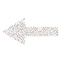 Large group of people silhouette crowded together in arrow left direction shape isolated on white background. Vector illustration