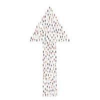 Large group of people silhouette crowded together in arrow up direction shape isolated on white background. Vector illustration