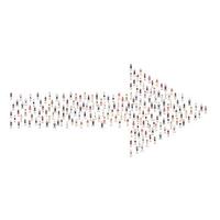 Large group of people silhouette crowded together in arrow right direction shape isolated on white background. Vector illustration