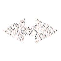 Large group of people different silhouette crowded together in arrow direction shape isolated on white background. Vector illustration