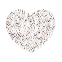 Large group of people silhouette crowded together in heart shape isolated on white background. Vector illustration