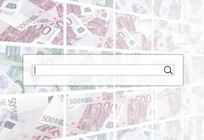 The search string is located on top of collage of many images of hundreds of dollars and euro bills lying in a pile photo