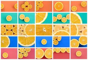 un collage de muchas fotos con jugosas naranjas. conjunto de imágenes con frutas sobre fondos de diferentes colores