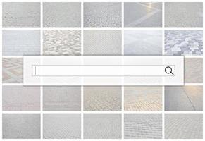 Visualization of the search bar on the background of a collage of many pictures with fragments of paving tiles close-up. Set of images with pavement stone photo