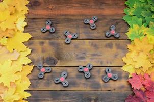 Several spinners among the many yellowing fallen autumn leaves on the background surface of natural wooden boards of dark brown color photo