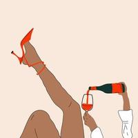 Hands pouring wine into a glass in bed. Feet posing in shoes Vector. Wine time vector