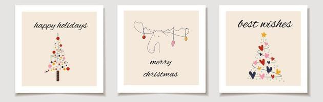 Christmas vector gift card or tag set Christmas trees one line and a deer merry christmas lettering, best wishes.