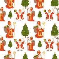 Seamless pattern with Saint Nicholas christmas characters vector set. Saint Nicholas christmas characters with standing pose and happy expression holding gifts .Vector illustration