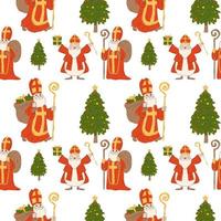 Seamless pattern with Saint Nicholas christmas characters vector set. Saint Nicholas christmas characters with standing pose and happy expression holding gifts .Vector illustration