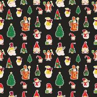 Seamless pattern with set of Christmas stickers. Saint Nicholas, snowmen, gnomes, Christmas trees. Vector