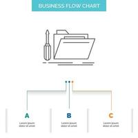 carpeta. herramienta. reparar. recurso. diseño de diagrama de flujo de negocio de servicio con 3 pasos. icono de línea para el lugar de plantilla de fondo de presentación para texto vector