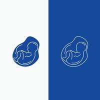 bebé. el embarazo. embarazada. obstetricia. línea de feto y botón web de glifo en banner vertical de color azul para ui y ux. sitio web o aplicación móvil vector