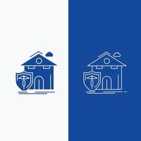 seguro. hogar. casa. víctima. línea de protección y botón web de glifo en banner vertical de color azul para ui y ux. sitio web o aplicación móvil vector