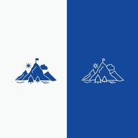 logro. bandera. misión. montaña. línea de éxito y botón web de glifo en banner vertical de color azul para ui y ux. sitio web o aplicación móvil vector