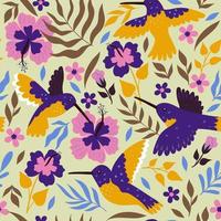 Seamless pattern with hummingbirds and hibiscus. Vector graphics.