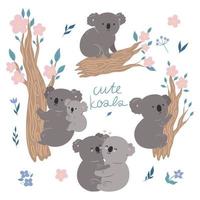 Set of cute koalas isolated on a white background. Vector graphics.