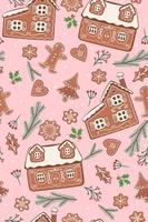 Seamless pattern with gingerbread cookies and winter flora on a pink background. Vector graphics.