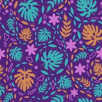 Seamless pattern with tropical leaves on a purple background. Vector graphics.