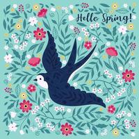 Spring card with a swallow and flowers. Vector graphics.