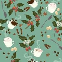 Seamless pattern with coffee, plant, grains, mugs, spoons, on a green background. Vector graphics.