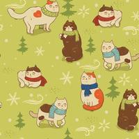 Seamless pattern with cats in scarves and snowflakes. Vector graphics.