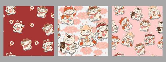 Set of seamless patterns with maneki-neko. Vector graphics.