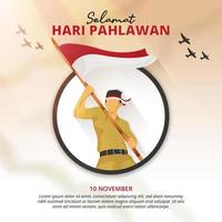 Hari pahlawan or Indonesian heroes day background with a hero and situation on a battlefield vector