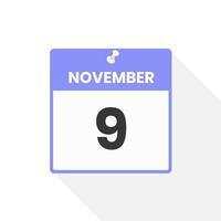 November 9 calendar icon. Date,  Month calendar icon vector illustration