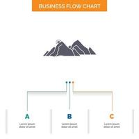 mountain. landscape. hill. nature. scene Business Flow Chart Design with 3 Steps. Glyph Icon For Presentation Background Template Place for text. vector