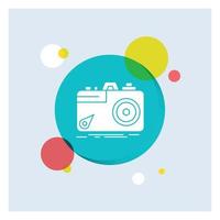 Camera. photography. capture. photo. aperture White Glyph Icon colorful Circle Background vector