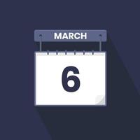 6th March calendar icon. March 6 calendar Date Month icon vector illustrator