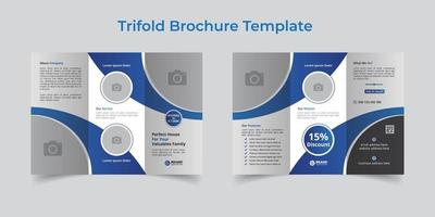 plantilla de diseño de folleto tríptico de bienes raíces. forma geométrica de la plantilla de diseño utilizada para el diseño de folletos trípticos de negocios. folleto inmobiliario, folleto comercial, a4 con sangrado, listo para imprimir vector