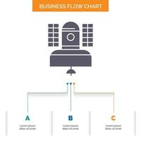 Satellite. broadcast. broadcasting. communication. telecommunication Business Flow Chart Design with 3 Steps. Glyph Icon For Presentation Background Template Place for text. vector