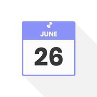 June 26 calendar icon. Date,  Month calendar icon vector illustration
