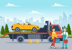coche de remolque automático utilizando un camión con servicio de asistencia en carretera en plantilla ilustración de fondo plano de dibujos animados dibujados a mano vector
