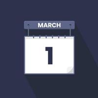 1st March calendar icon. March 1 calendar Date Month icon vector illustrator