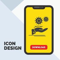 solution. hand. idea. gear. services Glyph Icon in Mobile for Download Page. Yellow Background vector