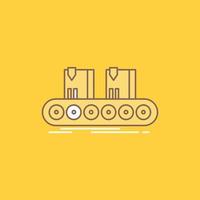 cinturón. caja. transportador. fábrica. icono lleno de línea plana. hermoso botón de logotipo sobre fondo amarillo para ui y ux. sitio web o aplicación móvil vector