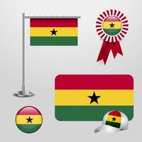 Ghana Country Flag haning on pole. Ribbon Badge Banner. sports Hat and Round Button vector