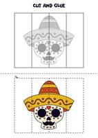 Cut and glue game for kids. Mexican skull in hat. vector