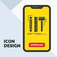 diseño. diseñador. digital. instrumentos. icono de glifo de lápiz en el móvil para la página de descarga. fondo amarillo vector