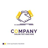 Company Name Logo Design For handshake. hand shake. shaking hand. Agreement. business. Purple and yellow Brand Name Design with place for Tagline. Creative Logo template for Small and Large Business. vector